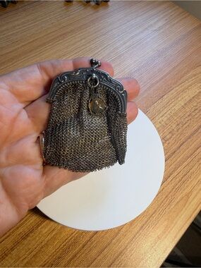 Antique-style silver chainmail mesh bag, perfectly sized to hold a rosary